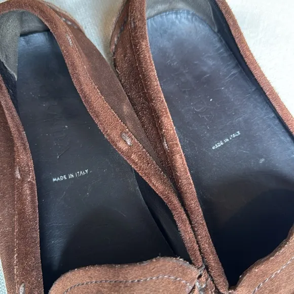 Prada Brown Suede Driving Loafers Silver Buckle Women's 37.5
