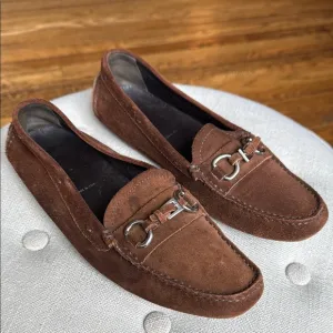 Prada Brown Suede Driving Loafers Silver Buckle Women's 37.5