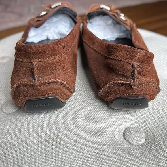 Prada Brown Suede Driving Loafers Silver Buckle Women's 37.5