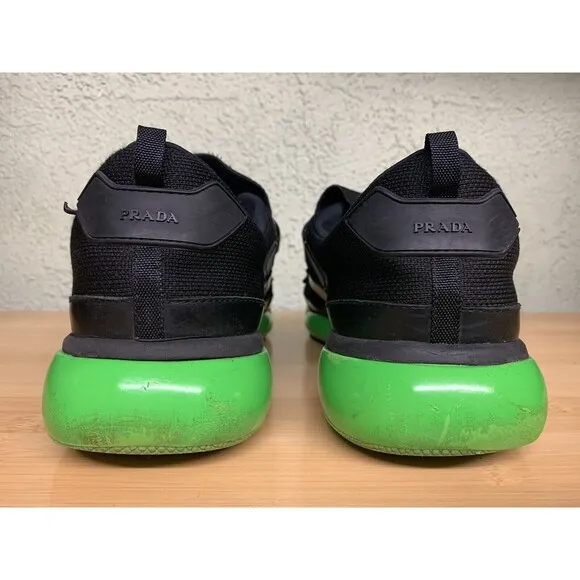 PRADA Cloudbust logo rubber strapped low top sneakers Black and lime green Sz 10