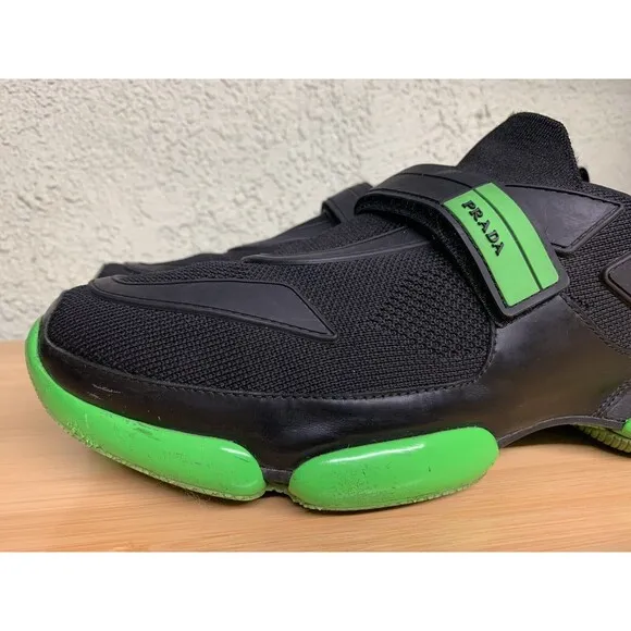 PRADA Cloudbust logo rubber strapped low top sneakers Black and lime green Sz 10