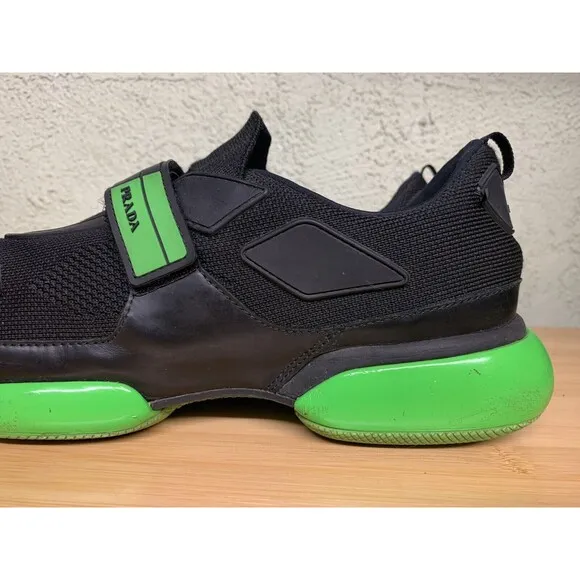 PRADA Cloudbust logo rubber strapped low top sneakers Black and lime green Sz 10