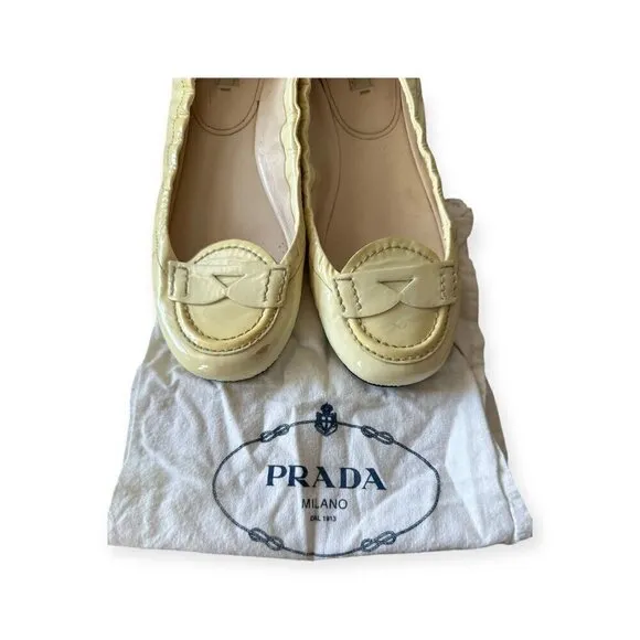 Prada Cream Patent Leather Round Toe Penny Flats, Size 38.5EU