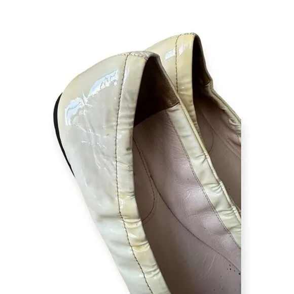 Prada Cream Patent Leather Round Toe Penny Flats, Size 38.5EU