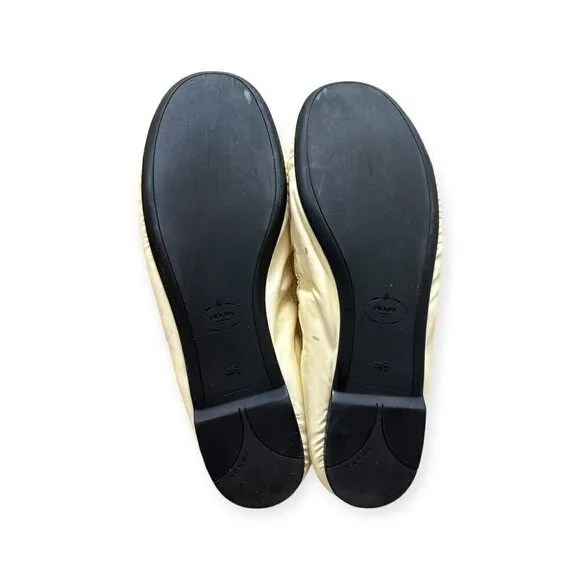 Prada Cream Patent Leather Round Toe Penny Flats, Size 38.5EU
