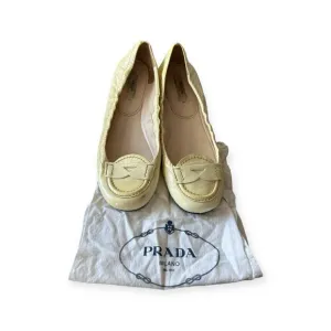 Prada Cream Patent Leather Round Toe Penny Flats, Size 38.5EU