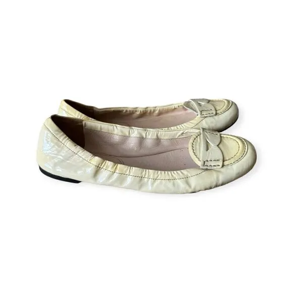 Prada Cream Patent Leather Round Toe Penny Flats, Size 38.5EU
