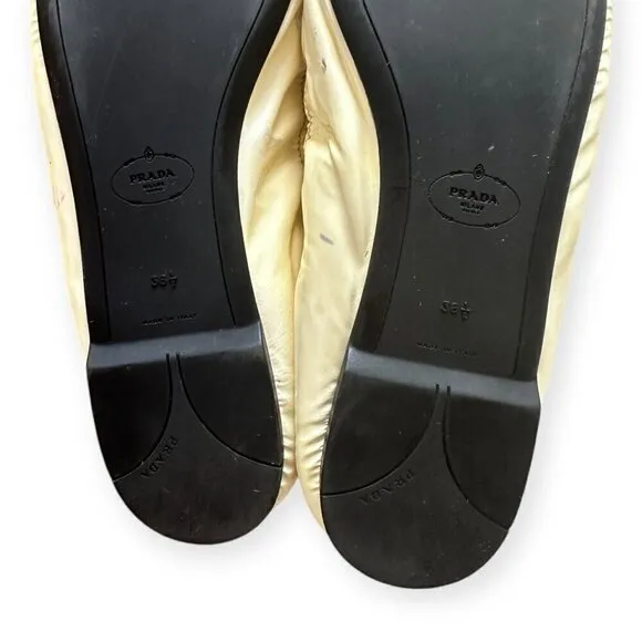 Prada Cream Patent Leather Round Toe Penny Flats, Size 38.5EU