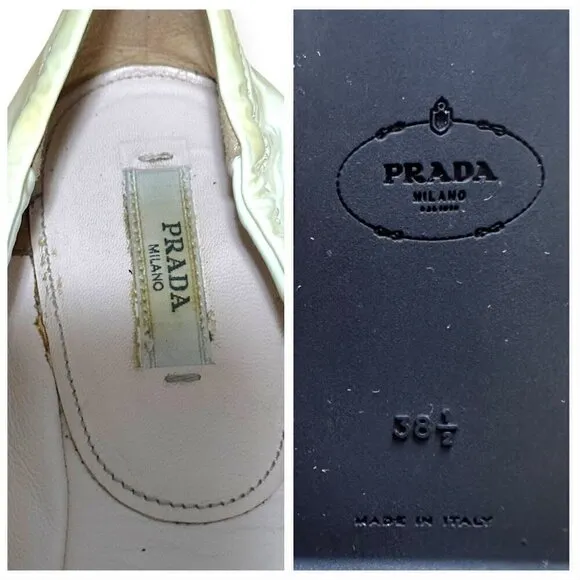 Prada Cream Patent Leather Round Toe Penny Flats, Size 38.5EU