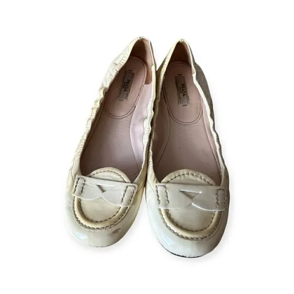 Prada Cream Patent Leather Round Toe Penny Flats, Size 38.5EU