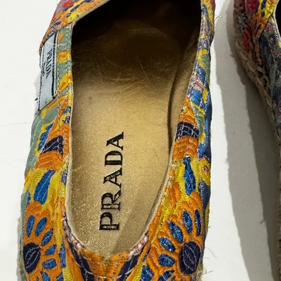 Prada Floral Print Glitter Espadrilles with Glitter Accents.