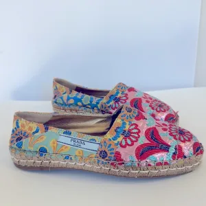 Prada Floral Print Glitter Espadrilles with Glitter Accents.