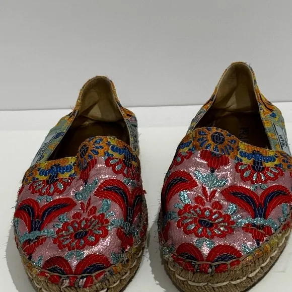 Prada Floral Print Glitter Espadrilles with Glitter Accents.