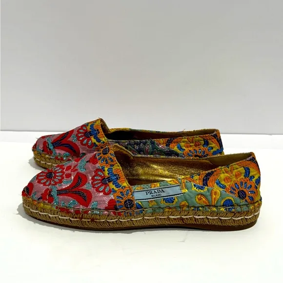 Prada Floral Print Glitter Espadrilles with Glitter Accents.