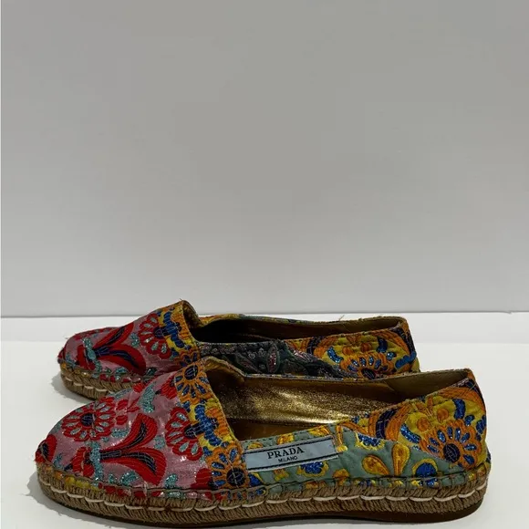 Prada Floral Print Glitter Espadrilles with Glitter Accents.