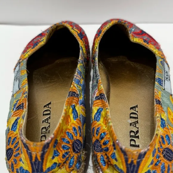Prada Floral Print Glitter Espadrilles with Glitter Accents.
