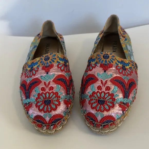 Prada Floral Print Glitter Espadrilles with Glitter Accents.