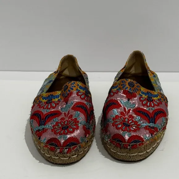 Prada Floral Print Glitter Espadrilles with Glitter Accents.