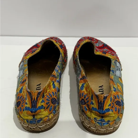 Prada Floral Print Glitter Espadrilles with Glitter Accents.