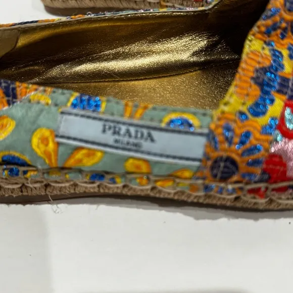 Prada Floral Print Glitter Espadrilles with Glitter Accents.