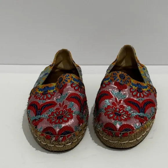 Prada Floral Print Glitter Espadrilles with Glitter Accents.