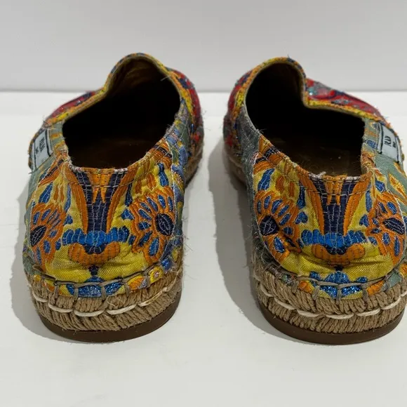 Prada Floral Print Glitter Espadrilles with Glitter Accents.