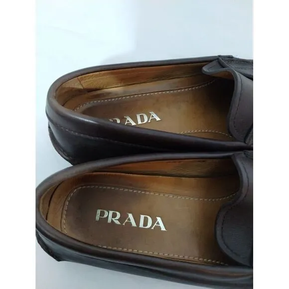 PRADA Men's Leather Slip On‎ Driving Moccasins Loafer Size 7.5 Brown 2DD 001