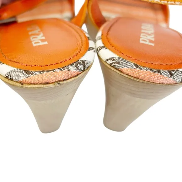 PRADA Striped Logo Wood Platform Heeled Sandals