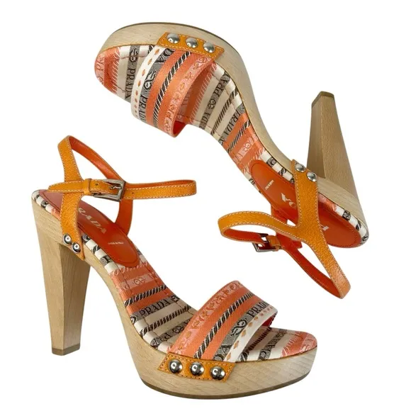 PRADA Striped Logo Wood Platform Heeled Sandals