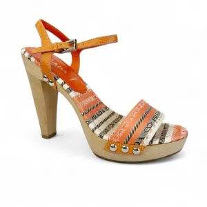 PRADA Striped Logo Wood Platform Heeled Sandals