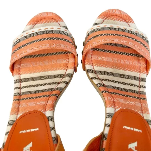 PRADA Striped Logo Wood Platform Heeled Sandals