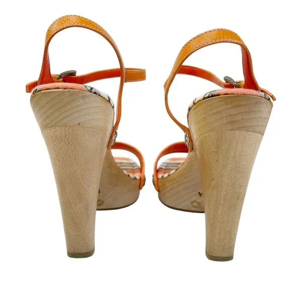 PRADA Striped Logo Wood Platform Heeled Sandals
