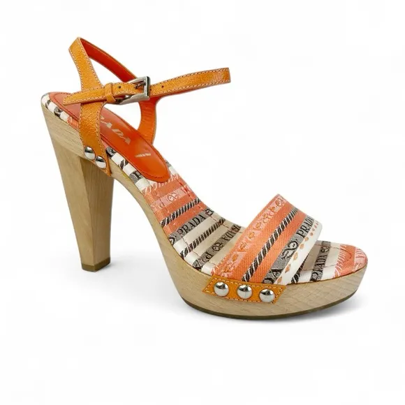 PRADA Striped Logo Wood Platform Heeled Sandals