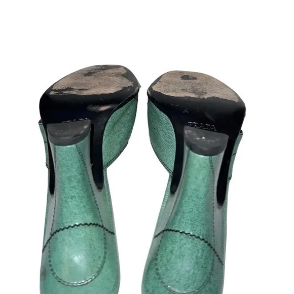 Prada Vintage Green Leather Block‎ Heel Sandals Mules