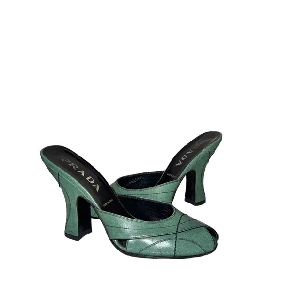 Prada Vintage Green Leather Block‎ Heel Sandals Mules