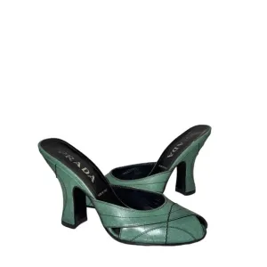 Prada Vintage Green Leather Block‎ Heel Sandals Mules