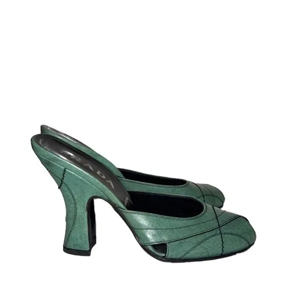 Prada Vintage Green Leather Block‎ Heel Sandals Mules