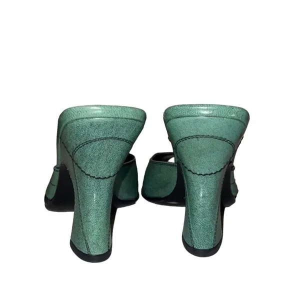 Prada Vintage Green Leather Block‎ Heel Sandals Mules
