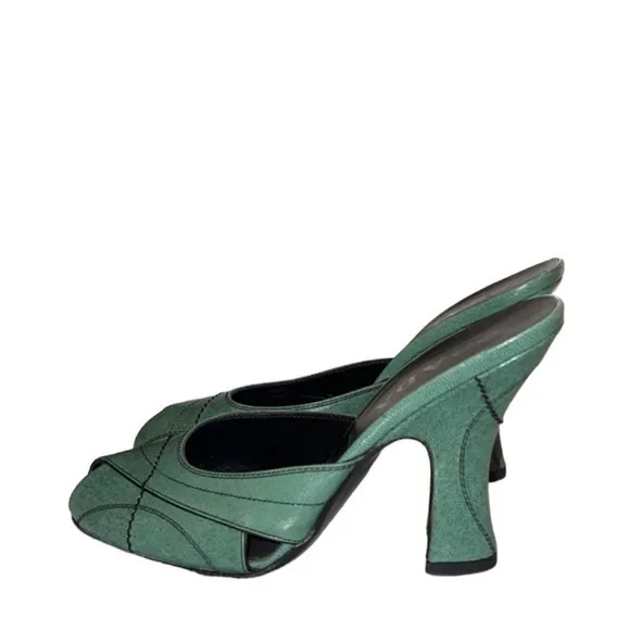 Prada Vintage Green Leather Block‎ Heel Sandals Mules