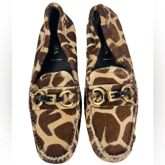 Prada Womens 35.5 US 5.5 Pony Hair Giraffe Print Driving Loafers Shoes