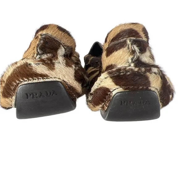 Prada Womens 35.5 US 5.5 Pony Hair Giraffe Print Driving Loafers Shoes