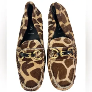 Prada Womens 35.5 US 5.5 Pony Hair Giraffe Print Driving Loafers Shoes