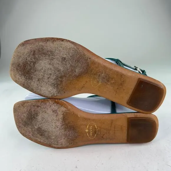 Prada Womens T-Strap Thong Sandals US 5 Turquoise Blue Flat Shoes Ankle Strap
