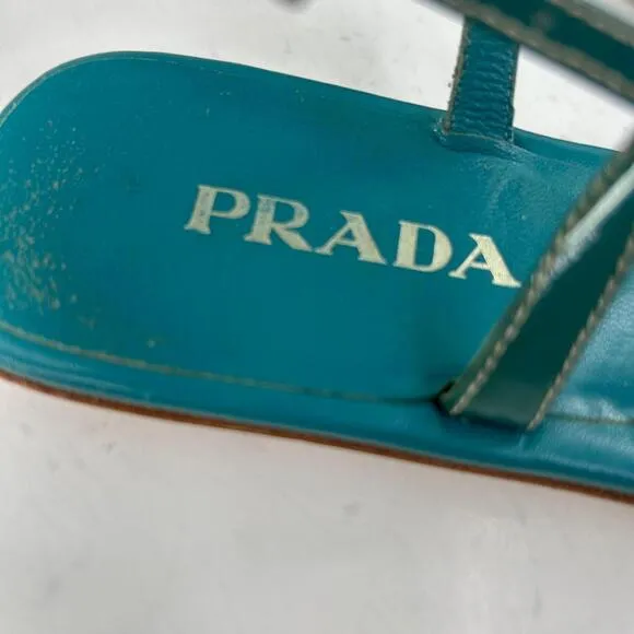 Prada Womens T-Strap Thong Sandals US 5 Turquoise Blue Flat Shoes Ankle Strap
