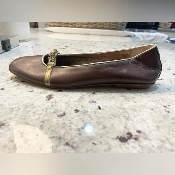 PRATESI ITALY BROWN RHINESTONE EMBELLISHED LEATHER FLATS SIZE 39