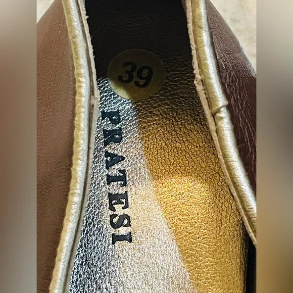 PRATESI ITALY BROWN RHINESTONE EMBELLISHED LEATHER FLATS SIZE 39