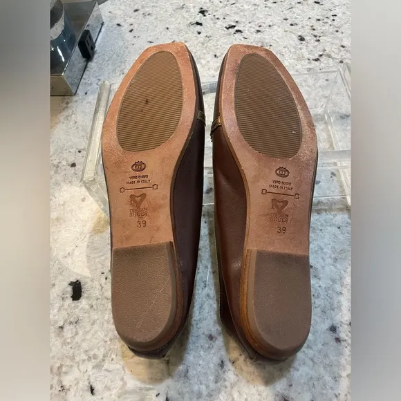 PRATESI ITALY BROWN RHINESTONE EMBELLISHED LEATHER FLATS SIZE 39