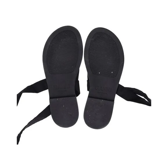 Pre Loved Ganni Puffy Wrap Sandals in Black Canvas Women Flats