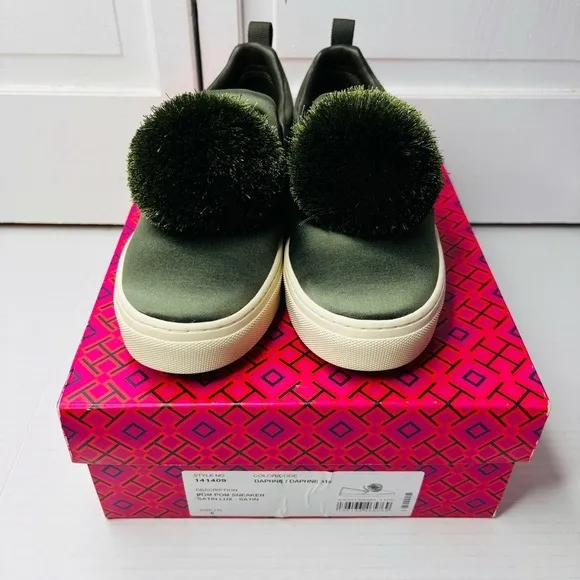 Price firm - TORY BURCH Daphne Pom Pom Satin Luxe Platform Sneakers Size 6
