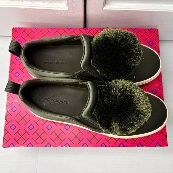 Price firm - TORY BURCH Daphne Pom Pom Satin Luxe Platform Sneakers Size 6